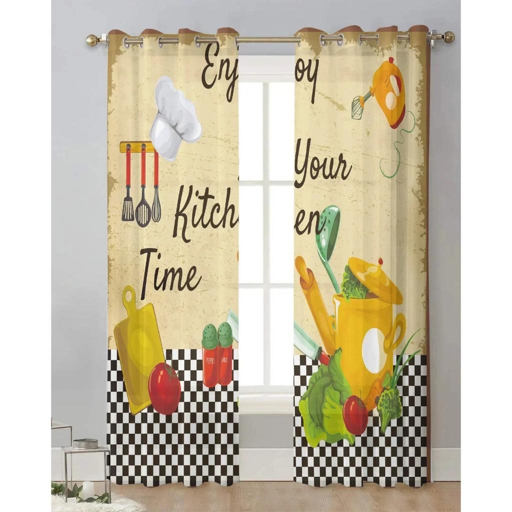 3D 2 Panels Chiffon Sheer Vorhang Küche Vorhang Küchengeschirr Chef Print Voile Tüll Cortinas für Küche Wohnzimmer Fenster Cort