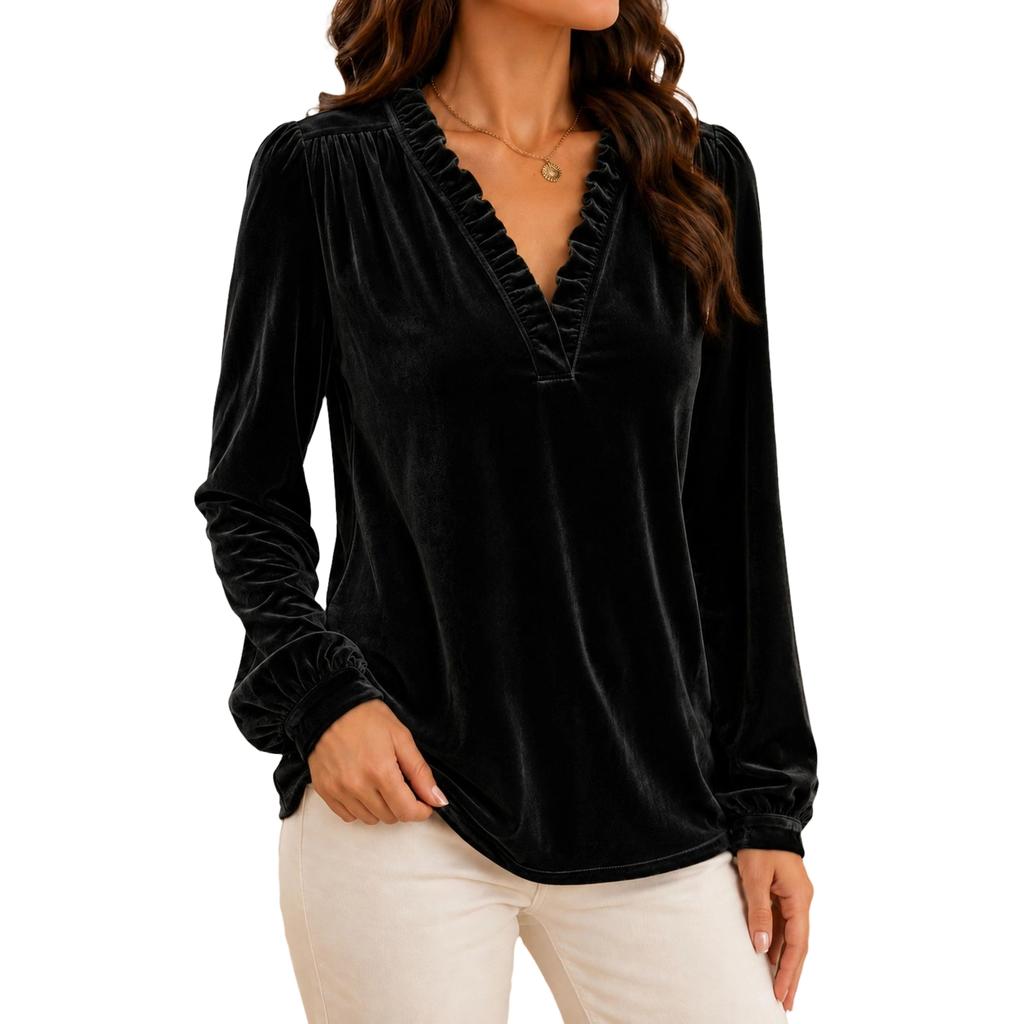 Women's Long Sleeve Velvet V-Neck Casual Blouse Top