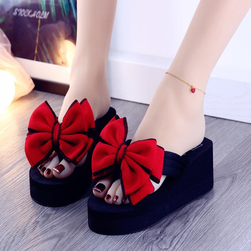 2025 new daily wedges platform slippers woman bow flip-flops lovely butterfly-knot slides female vacation beach flipflops