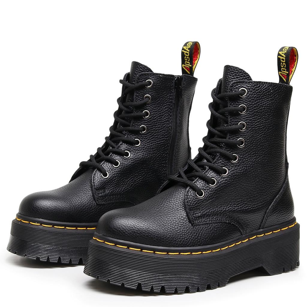 Top layer thick bottom hole Martin boots women's side zipper lychee pattern short boots leather muffin bottom tooling