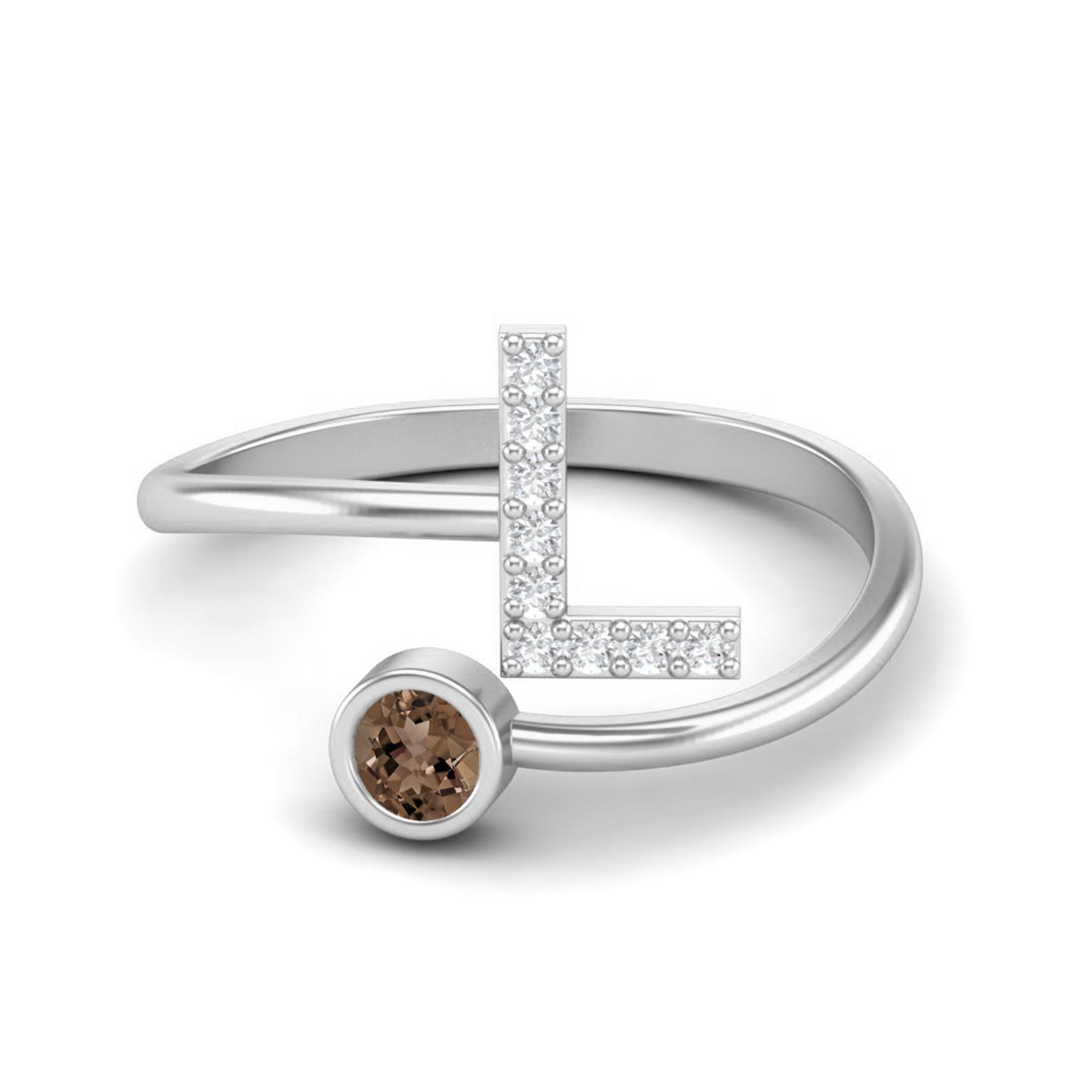 

Жіноча регульована весільна каблучка зі стерлінгового срібла 925 проби з круглим димчастим кварцом 3 мм, початкова літера L 7 білий