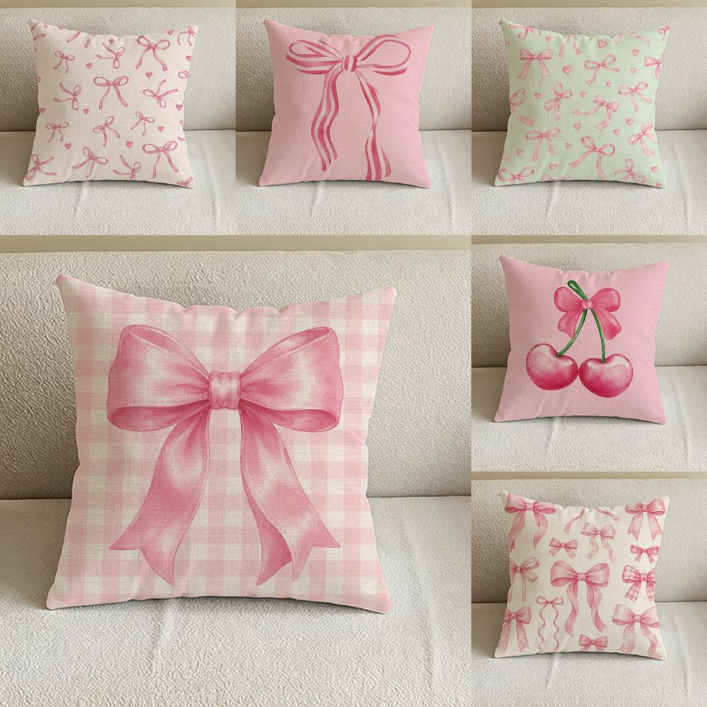 Pattern Pink Bow Cherry Cushion Cover Natural Linen Pillowcase Set AllinOne Decor for Sofa Bedroom Chair