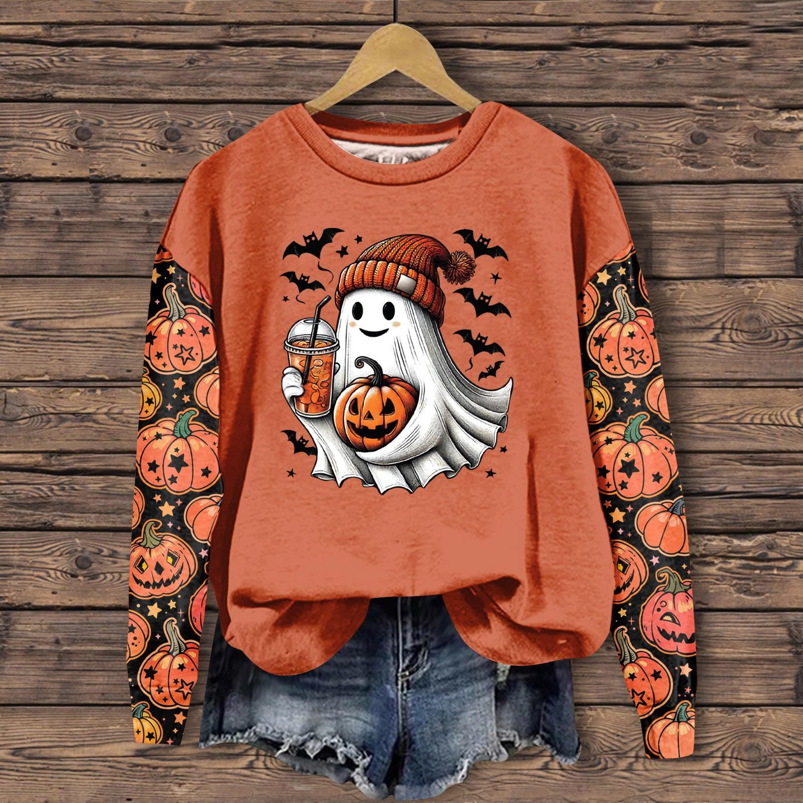 Женская одежда осенне-зимний Хэллоуин круглый вырез длинный рукав большой свободный плюшевый утолщенный свитер топ XL оранжевый 1654₽