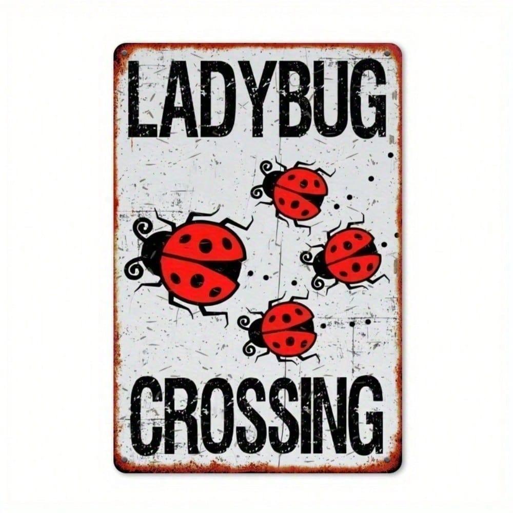 Vintage Ladybug Metal Tin Sign 8x12 Inch Distressed Red Black Wall Art Rustic Iron Decor Pre-Drilled Holes