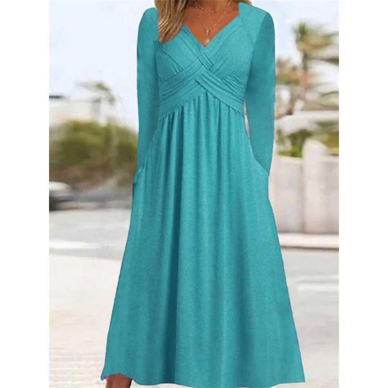 Fashion Women Dress Casual Ladies Skirt Solid V-neck Long sleeve dress Women