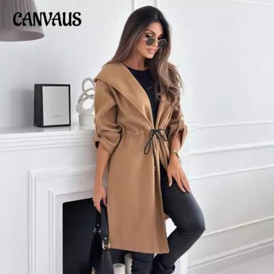 Plus Size Women's Fashion Lace Up and Hooded Lapel Wool Long Sleeved New Autumn Coat