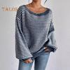 Women Sweater Off Shoulder Oversized Long Sleeve Knit Pullover Top Loose Fit Striped Print Soft Stretchy Knitting Tops