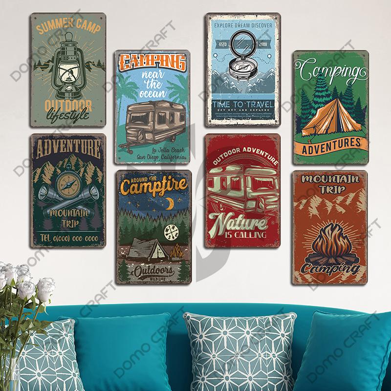 Camping Abenteuer Plaketten Vintage Metall Platte Berg Reise Campervan Touren Retro Metall Zeichen Wand Dekor Reise Club Camping Autos