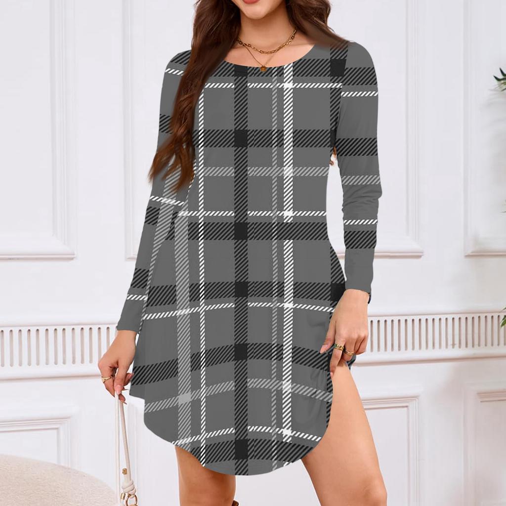 Women's Long-sleeved T-shirt Dress With Round Neck, Knee-length, Loose Fit, Casual And Pockets