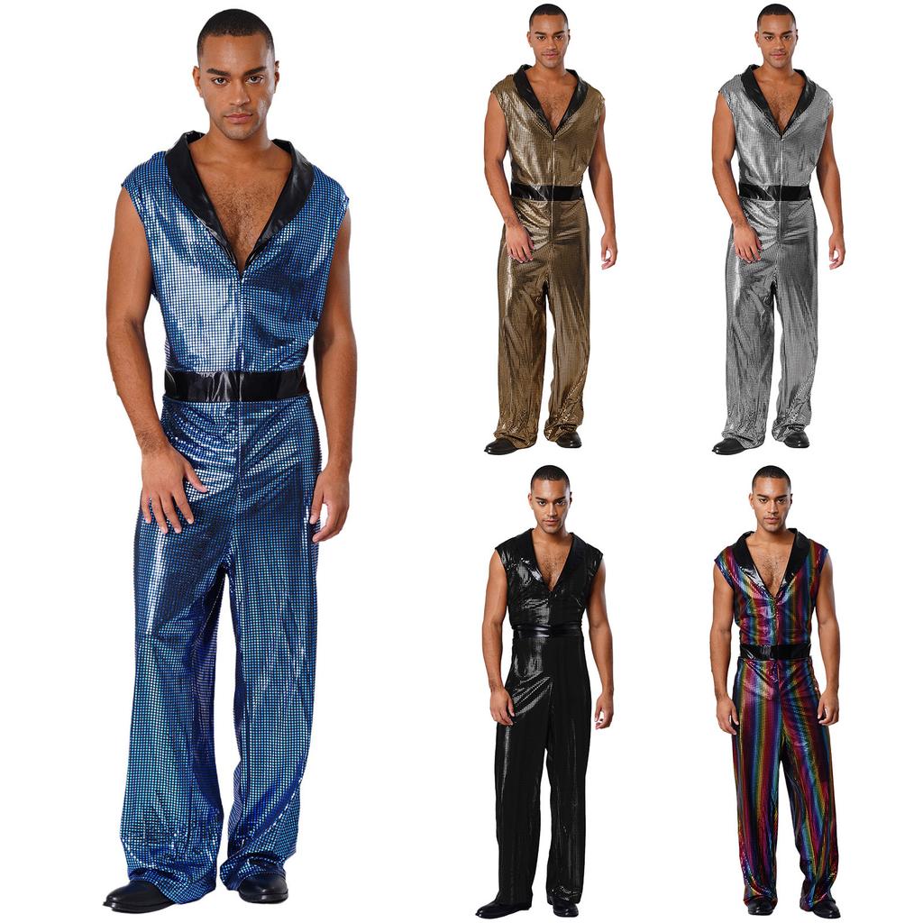 M-3XL Men Retro 1920s Disco Jumpsuit Lapel V Neck Sleeveless Wide Leg Metallic Shiny Plaid Bodysuit for Club Stage Rave Party