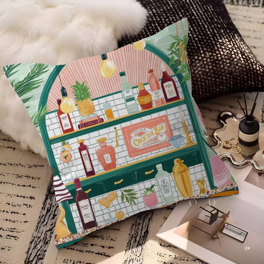 Coffee Shop City Bakery Illustration Decorative Room Aesthetics Pillow Case Home Decor Bedroom Sofa Bed Couch Pillow Cover 45x45