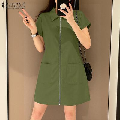 Women Summer Turn Down Collar Casual Short Sleeve Zipper Dress