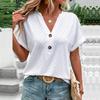 Women Fashion Casual Solid Color Button V Neck Short Sleeve T Shirt