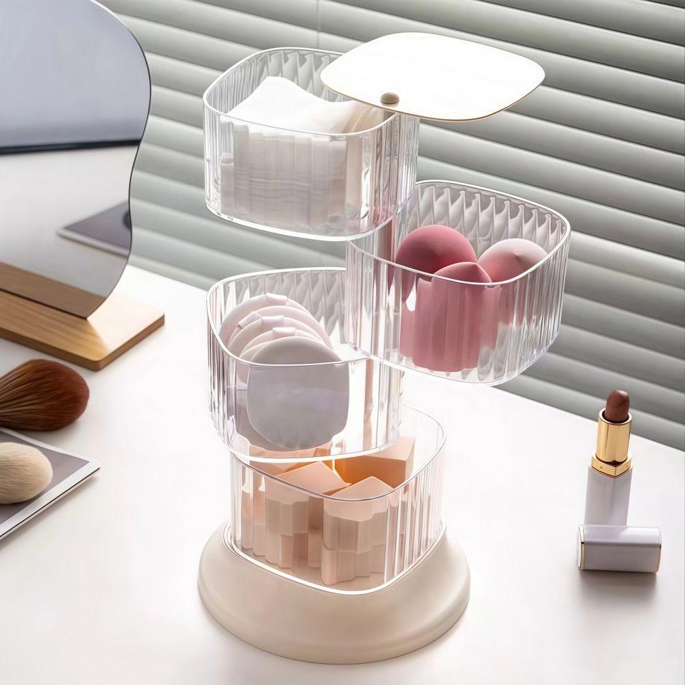 4-Layer Hair Accessory Organizer Transparent Rotating Powder Puff Box Dust-proof Cosmetic Storage Rack Girls' Jewelry Storage