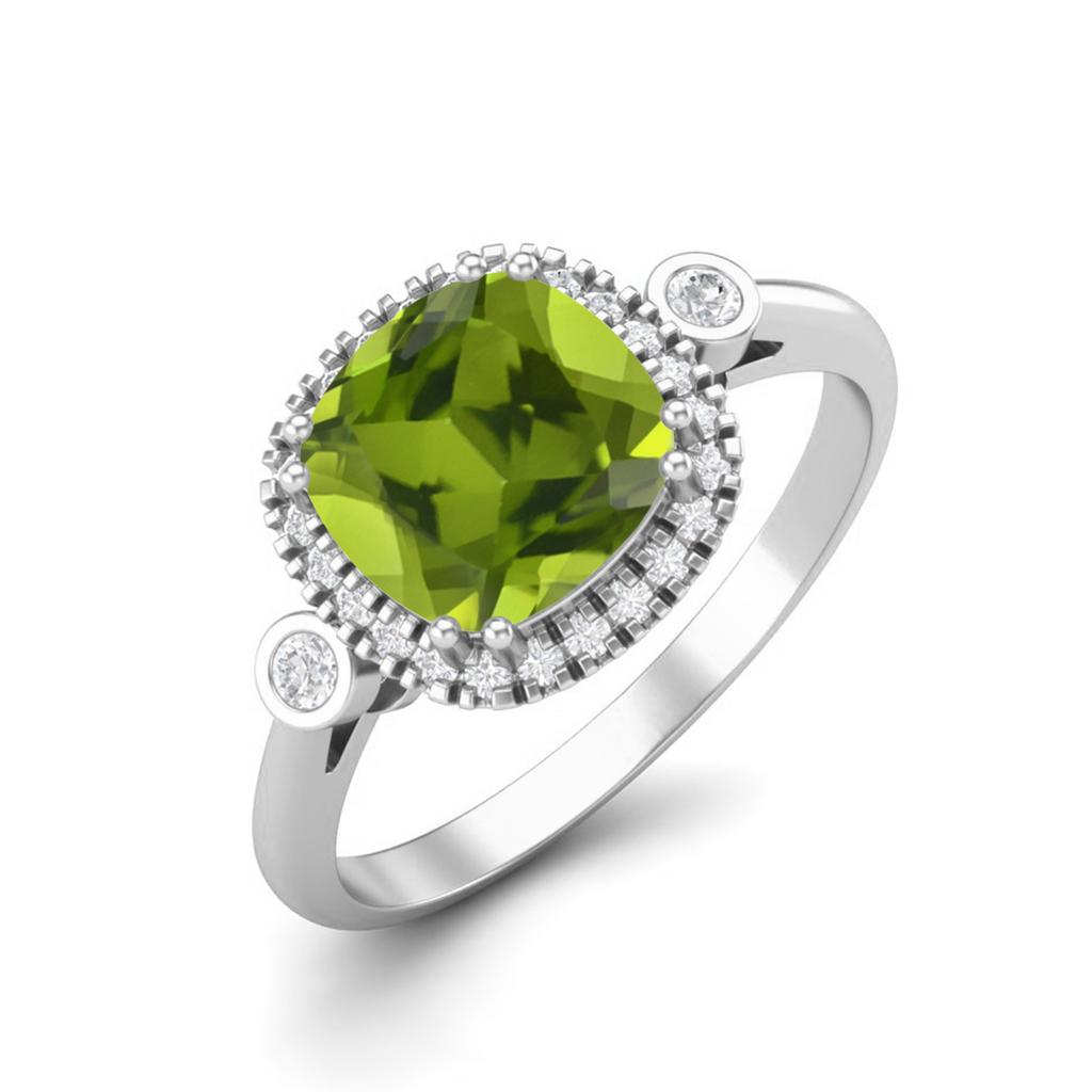 7mm Cushion Peridot 925 Sterling Silver Solitaire Accents Women Anniversary Ring