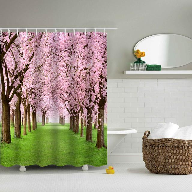 

Весенняя занавеска для душа с цветком вишни с украшением на крючок, занавеска для душа в ванной, водонепроницаемая розовая креативная индивидуальная занавеска 90x180cm36x71inch