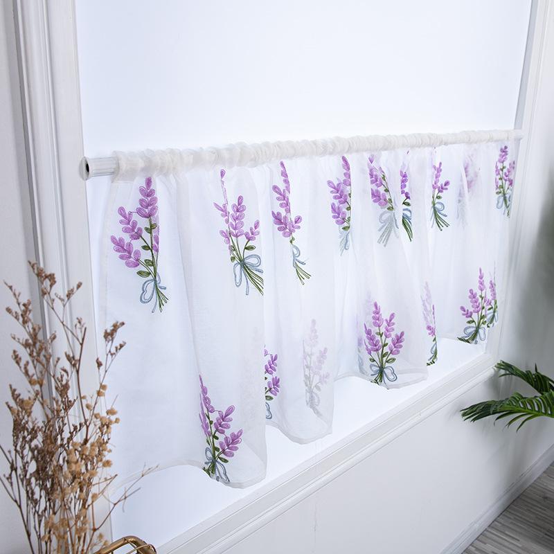 Pastoral Style Flower Embroidery Short Curtain Drapery Bedroom Window Panel Sheer Korean Fresh Half-Curtain Cafe Decor 100x50cm