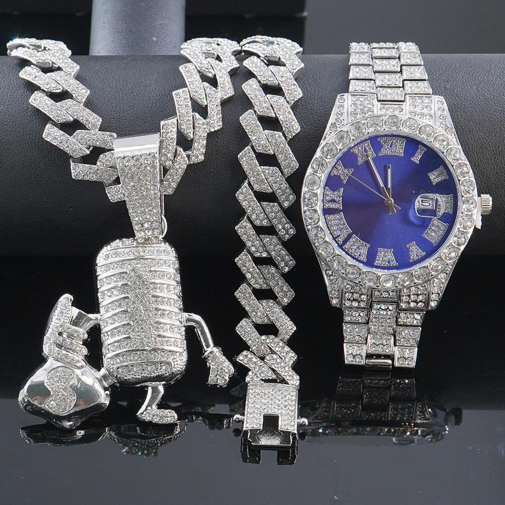 Hot Selling Cartoon Microphone, Money Bag Pendant, Diamond Cuban Chain Necklace, Bracelet, Men's Watch Set in Europe and America
