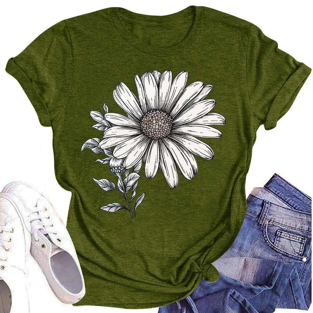 Lässiges T-Shirt für Damen mit Rundhalsausschnitt, Blumendruck, kurzärmelig