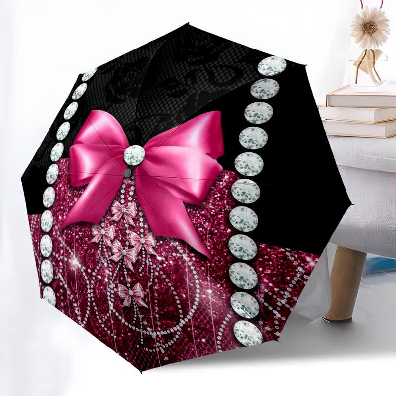 1pc Diamonds, Bow, Glamour Umbrella with Plastic Handle,Compact & Stylish,Suitable for All Seasons YS331097
