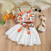 Children's Fashion Set Summer Girls Casual Printed Lace Halter Hollowed-out Cotton Dress Two-piece Set