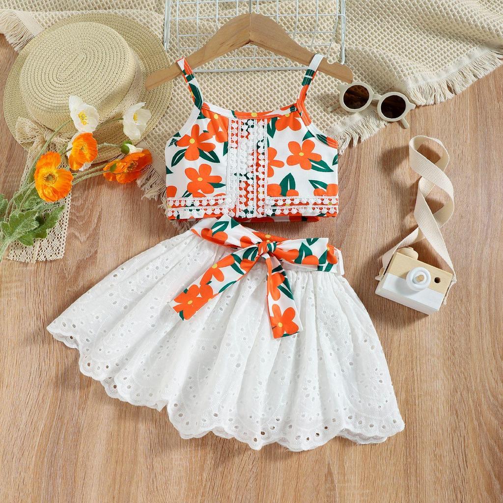 Children's Fashion Set Summer Girls Casual Printed Lace Halter Hollowed-out Cotton Dress Two-piece Set