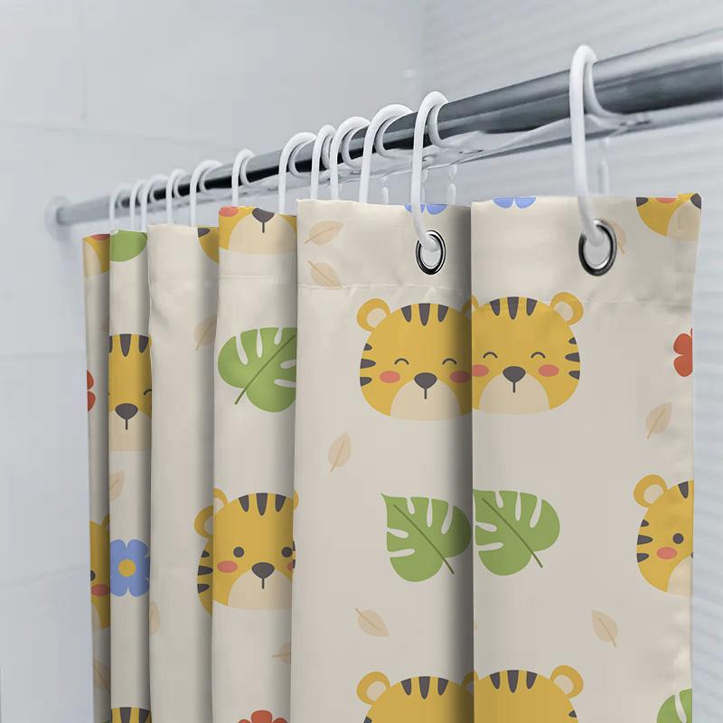 Adorable Animal Print Shower Curtain For Kids Bathrooms Tiger Head Design With Leaves And Flowers In Multicolored Pattern