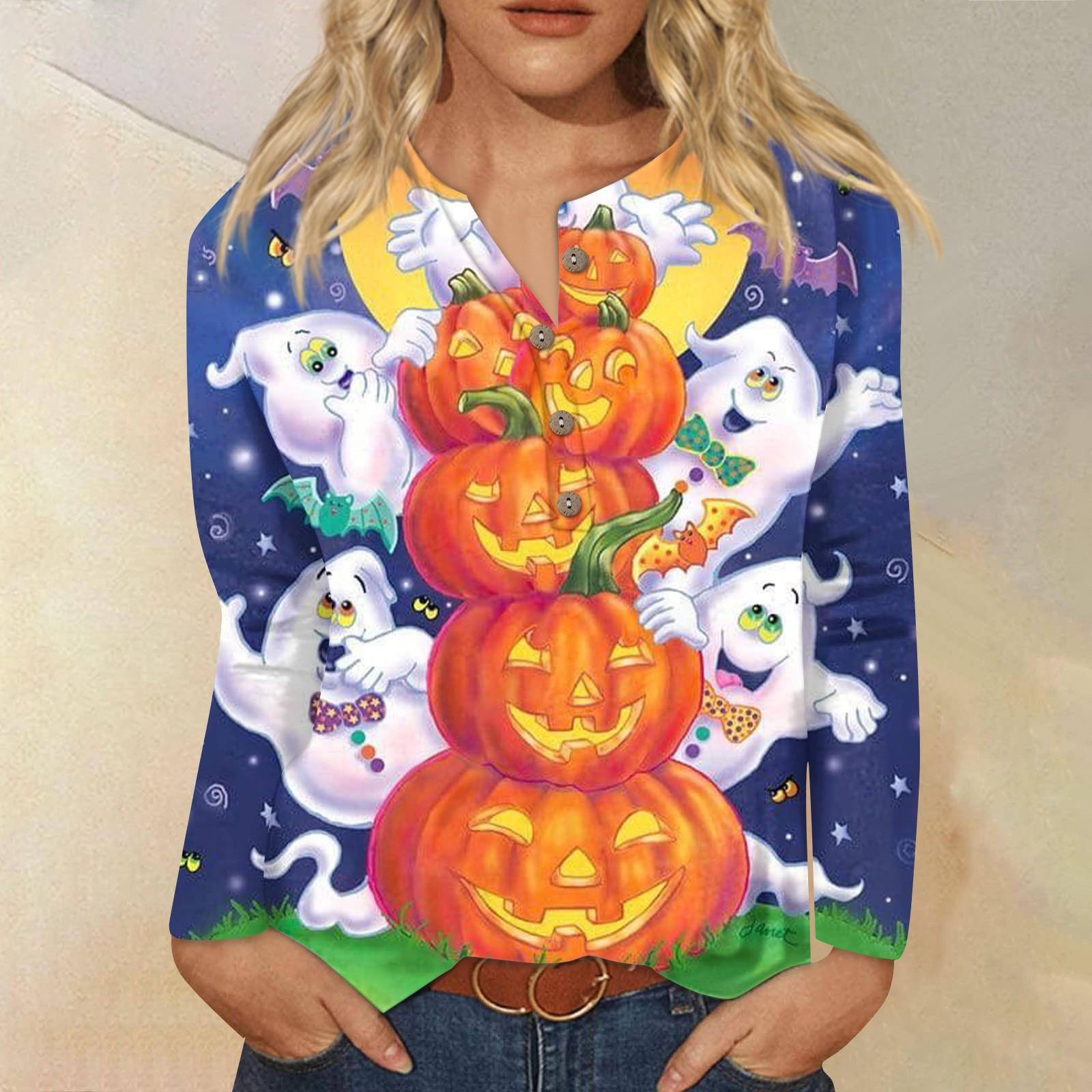 

Женская модная повседневная футболка с круглым вырезом и длинными рукавами на Хэллоуин с принтом на пуговицах Топ M оранжевый