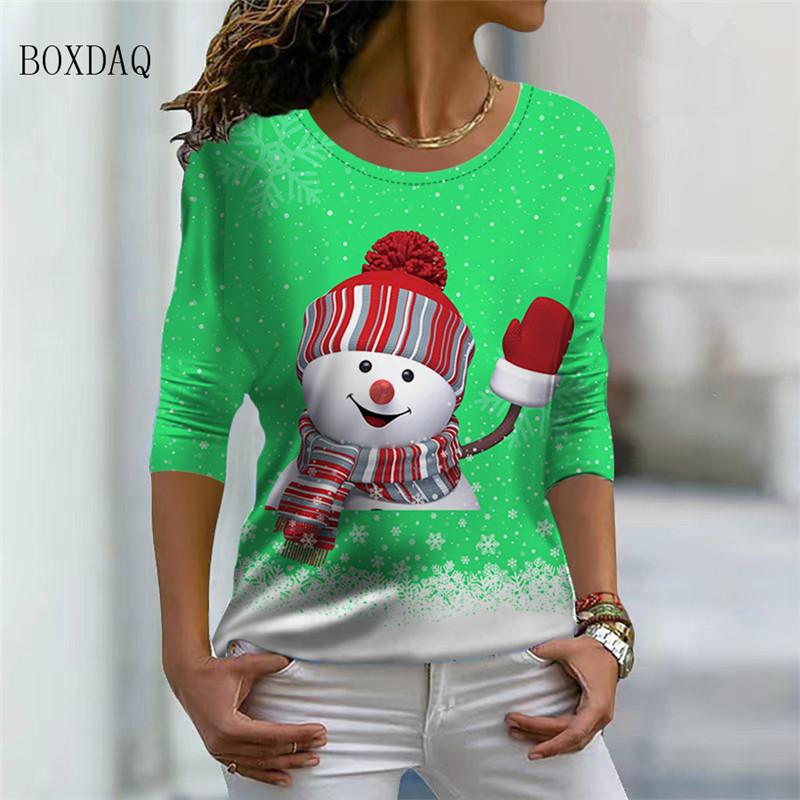 Christmas Snowman Pattern Women Cartoon T-shirts Long Sleeve 3d Print Christmas Street Ladies Tee 6XL Big Size Casual Cute Tops
