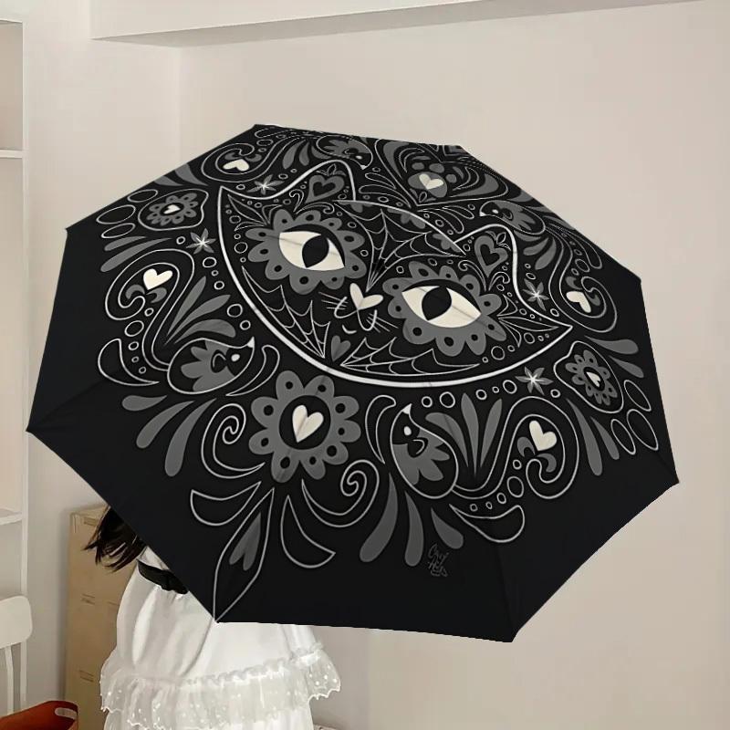 1PC Cat Mandala Automatic Folding Umbrella - Compact 8-Rib Design, Durable Plastic & Iron, Lightweight for Outdoor Daily Use, Festive Gift079