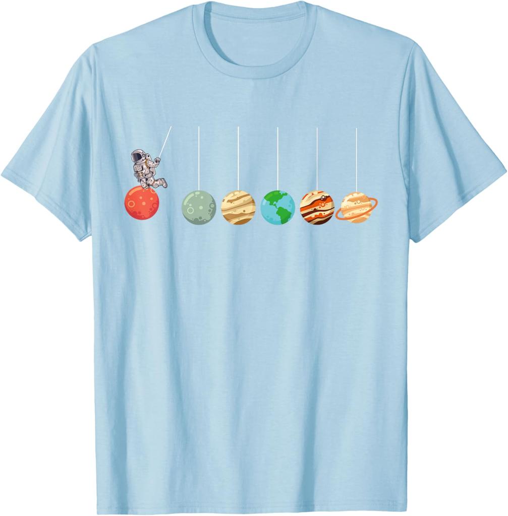 Solar System Pendulum Astronaut Graphic Tee Funny Science Enthusiasts Casual Short Sleeve T-Shirt