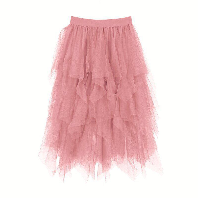 Women's High-Waisted Irregular Mesh Layered Skirt - Mid-Length Slimming Fairy Fluffy Design