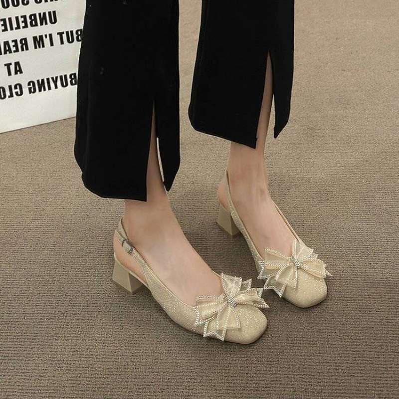 Square head bow single shoes women's shoes spring and summer 2025 new fairy versatile gentle bag head sandals