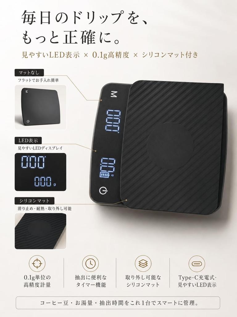 [SYOKI] Coffee Scale, 0.1g High Precision, with Timer, Type-C Rechargeable, Black