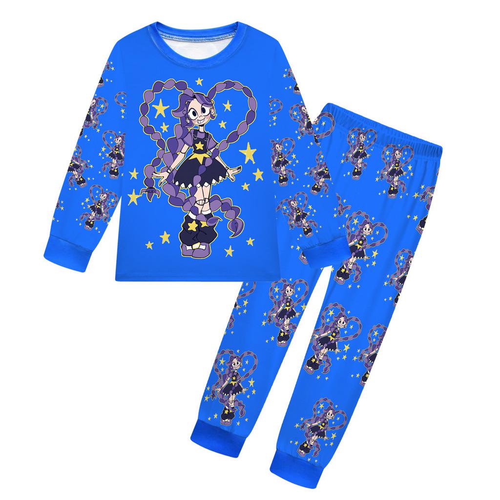 19760 Детские Девочки Лили Любовные Косы Принт Длинный Рукав Круглый Вырез Футболка Штаны Комплекты 100cm синий