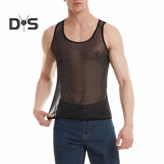 Herren Mesh-Tanktop, ärmellos, glitzernd, transparent, lässig, durchsichtig, Muskel-T-Shirt für den Alltag im Fitnessstudio
