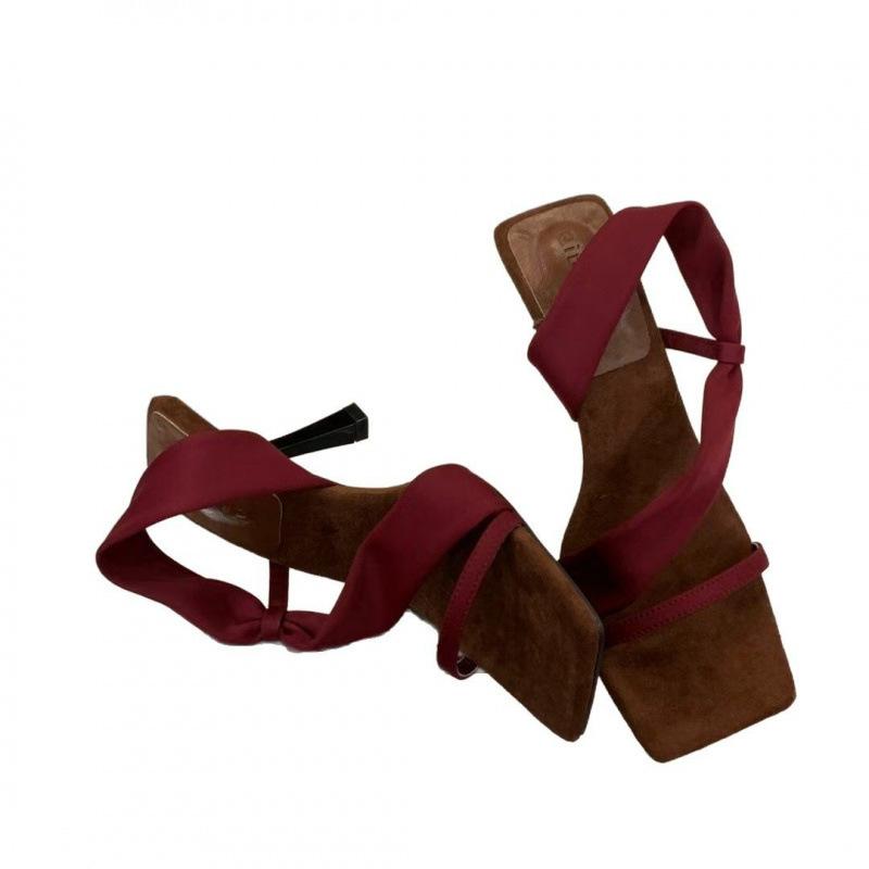 Retro square-heeled sandals one-word high heels French elegant cool slippers one-pedal open-toed high-heeled slippers