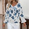Women's Casual Fashion Ruffled V-Neck Pocket Floral Print Long Sleeve Top