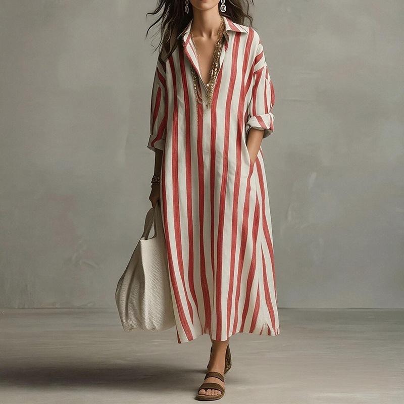 New Spring Women's Clothing, European and American Dresses, Commuting Loose V-neck Striped Printed Dress
