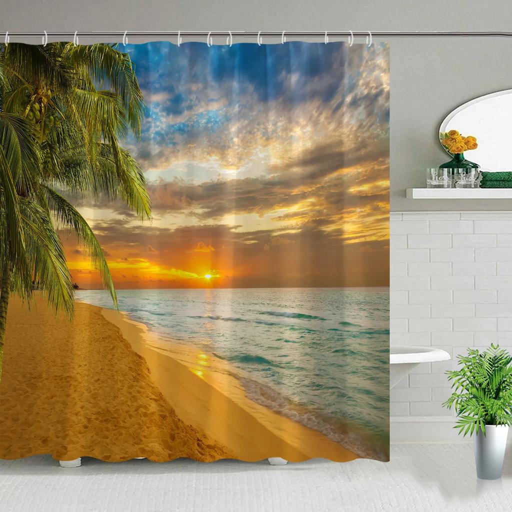 Hawaii Landscape Outdoor Shower Curtain Island Beach Coconut Tropical Ocean Natural Landscape Hanging Curtain Bathroom Decor Set