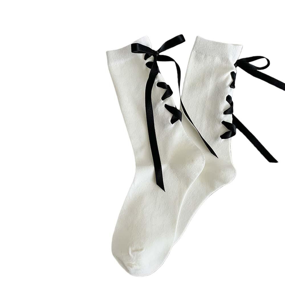 

Cotton Japanese JK Bow Socks Lolita Style Strap Bow Tie Stockings Cute Warm Socks Cosplay Maid White EU36-40