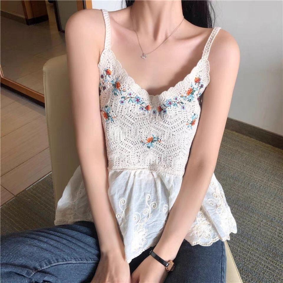 Elegant Style Floral Embroidery Versatile Suspender Women's New Retro Hook Flower Hollow Knitted Short Vest