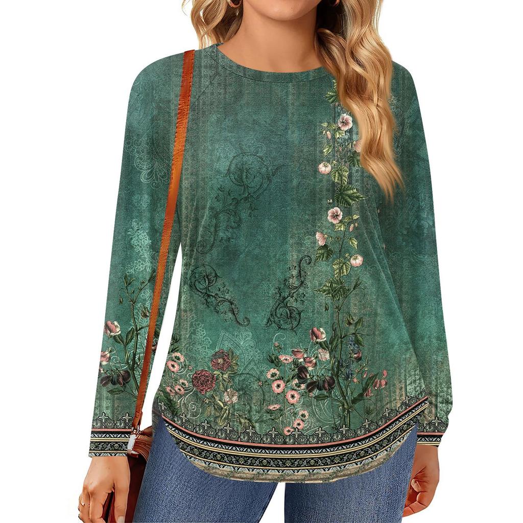 Womens Plus Size Tops Long Sleeve Shirts Round Neck Flowy Tunic Casual Loose Blouse L-5X