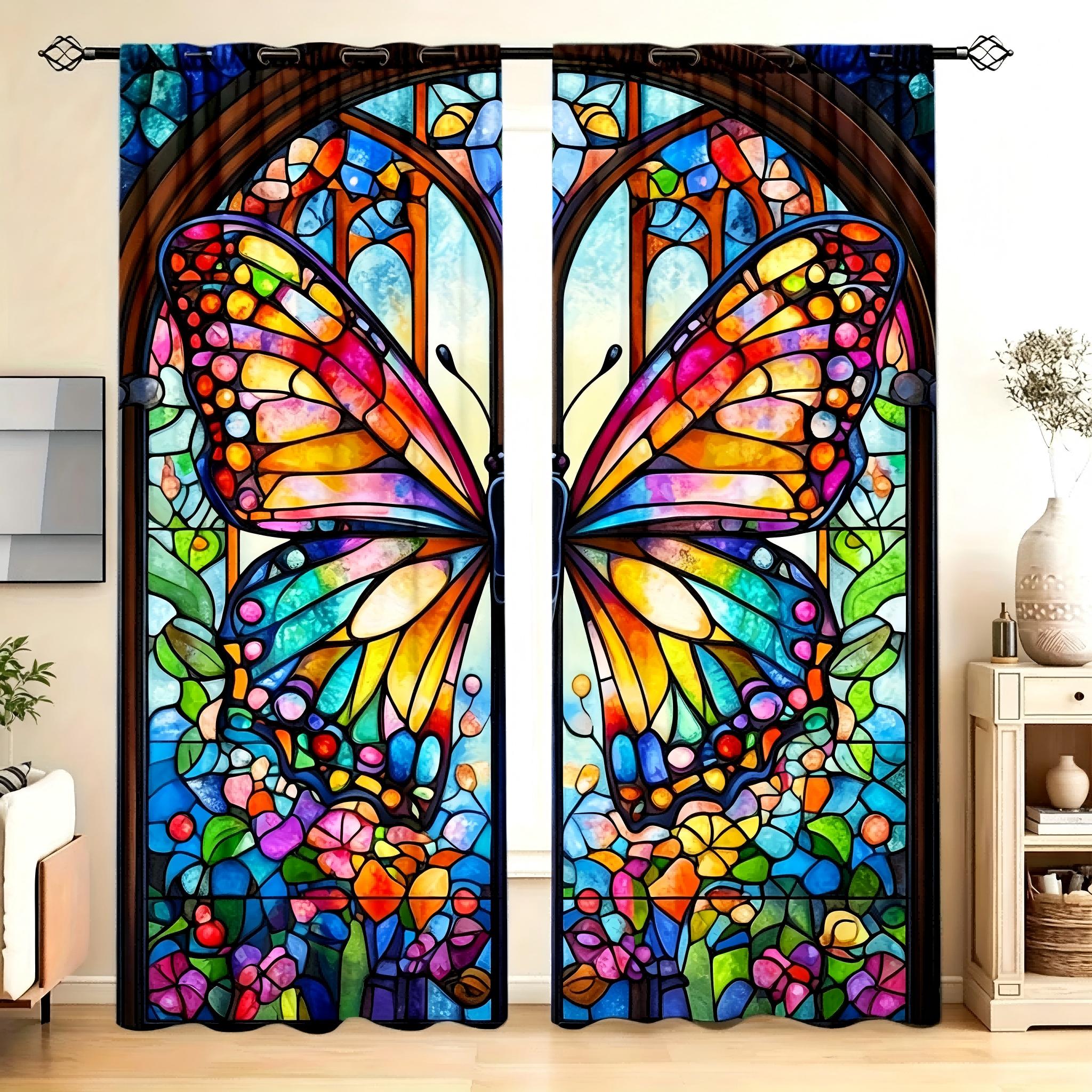 2-Piece Set of Stained Glass Butterfly Curtains, Rod-Pocket Polyester Blackout Curtains, Colorful Mosaic Art Print Light-Filtering Curtains 60×150cm(23.6×59in)