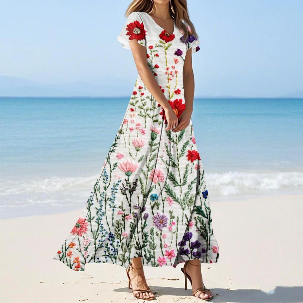 Damen Sommer Blumenmuster V-Ausschnitt Kurzarm Maxikleid Fließendes A-Linien Maxikleid Bohemian Urlaubs Strandkleid