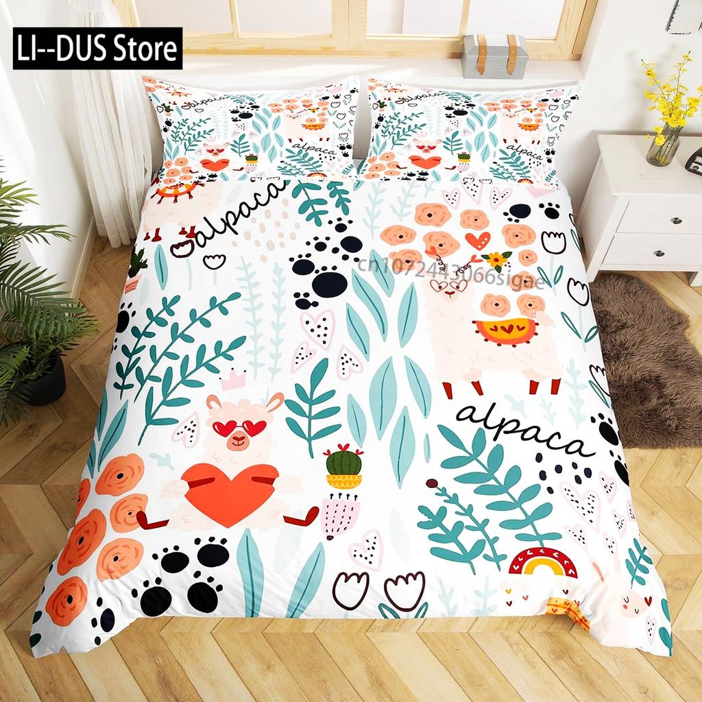 Lovely Cartoon Alpaca Llama Cactus Print Boys Girls Duvet Cover Set Full Size For Kids Teen Bedding Set Comforter Cover Decor