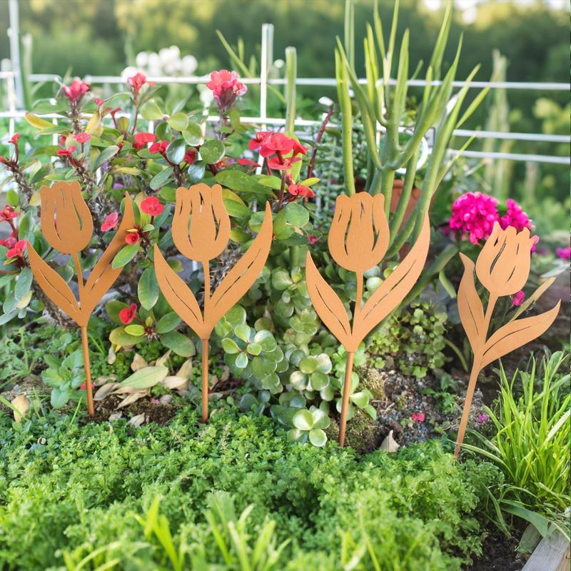 Metall Tulpe Bodeneinsteckset, Außenhof Gartenstecker, Topfpflanzendekoration, Schmiedekunst