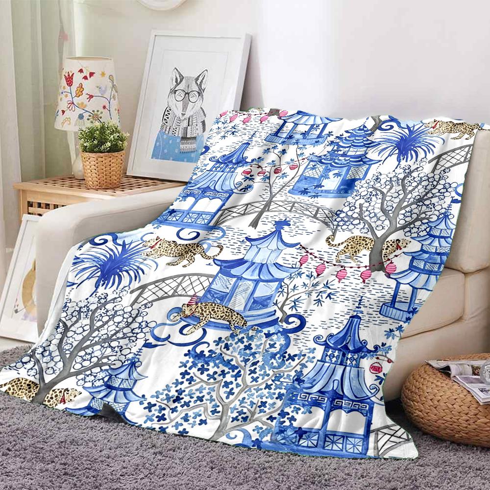 1Pc Blue White Pagodas Tigers Blanket Soft And Comfortable Casual Warm Camping Travel Christmas Halloween Xmas Gift M924184