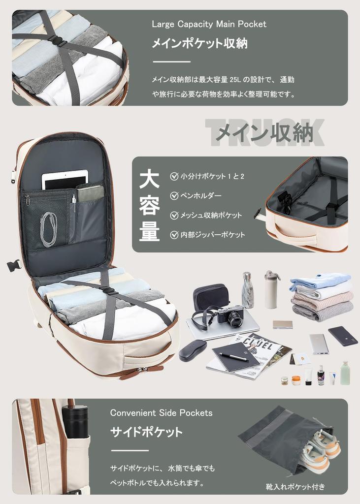 SUMOCMI Business Backpack, Large Capacity, for Men and Women, Travel Bag, Large Capacity, with Shoe Pocket, 3-Way, 180° Opening Design, Waterproof,
