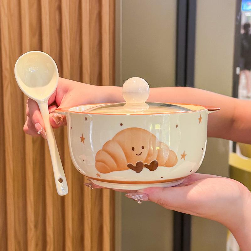 Ins High-value Fruit Croissant Ceramic Instant Noodle Bowl with Lid Binaural Soup Bowl Student Dormitory Instant Noodle Bowl